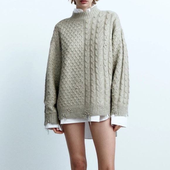 ZARA High Neck Ripped Cable Knit Sweater With Studs Size M - Picture 2 of 16